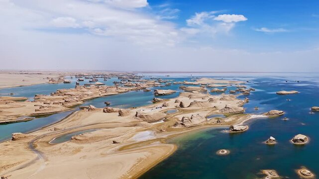 Aerial view of unique water yardang landforms in a turquoise lake in Qinghai, China