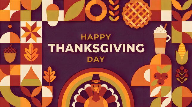 Happy thanksgiving day graphic illustration with geometric patterns featuring turkey pie coffee and autumn harvest elements on dark background for seasonal holiday card or banner design.