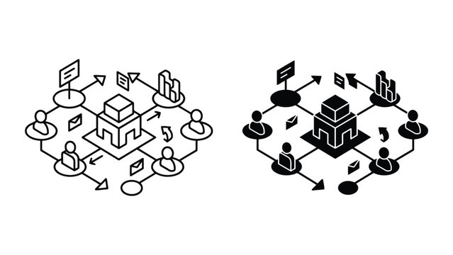 Business centralization and data distribution isometric icon set with business