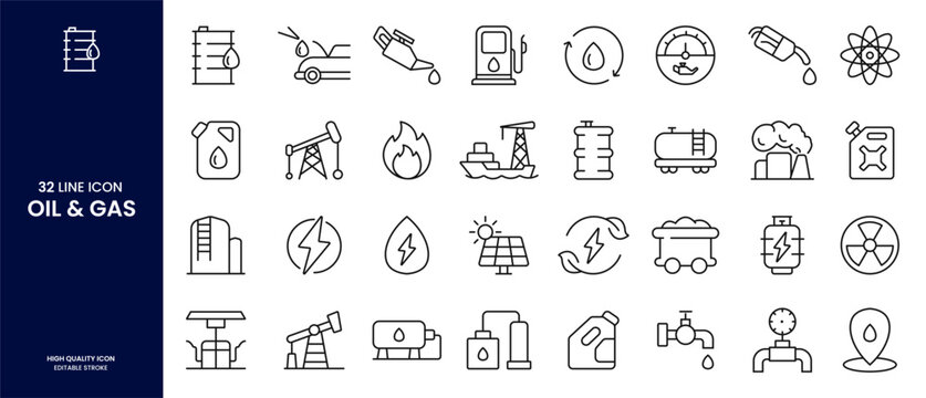 Oil and Gas Line Icons Collection Editable Stroke Energy Industry Fuel and Petroleum Vector
