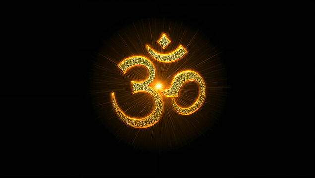 Golden glowing om symbol on dark background with spiritual meditation hinduism religion devotion tradition peaceful enlightenment tranquility mindfulness mystical abstract consciousness