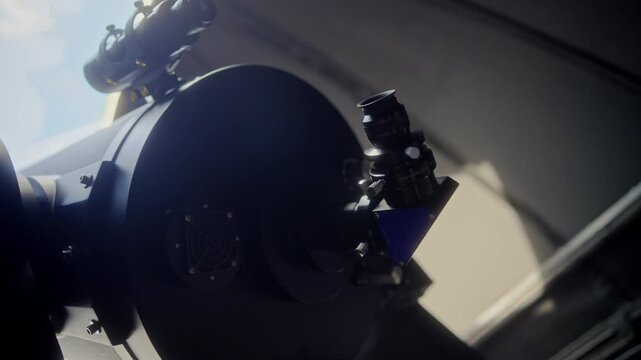 Close up view of the back end of a large professional astronomical telescope, highlighting the eyepiece, diagonal mirror, and focuser inside an observatory dome