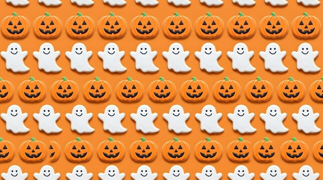Seamless pattern with pumpkin and ghost cookies on orange background
