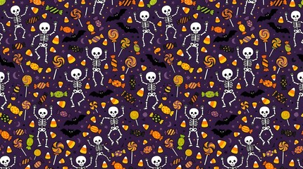 Naklejka premium Seamless pattern with skeletons, bats, and candy for halloween