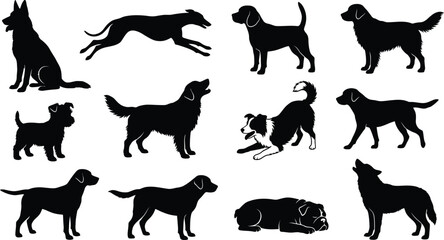 Obraz premium Assorted black silhouettes of different dog breeds in various active and resting poses, isolated on a white background, for versatile usage