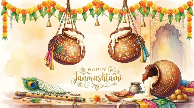 Festive janmashtami illustration hand painted matki peacock feather and traditional indian sweets for celebrations