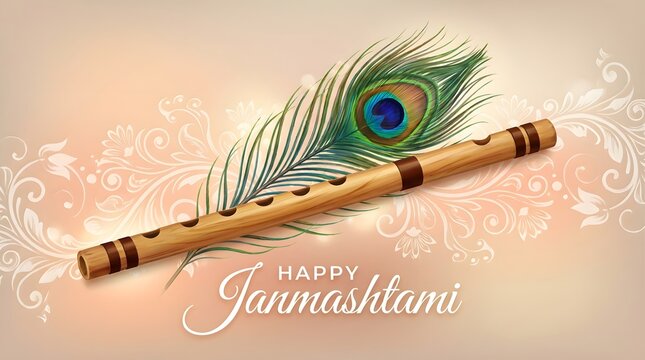 Janmashtami celebration a flute and peacock feather design for krishna's birthday greetings and festive decorations