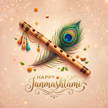 Janmashtami celebration flute peacock feather and floral decorations for krishna's birthday