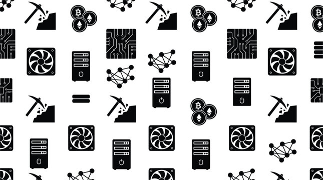 Seamless Cryptocurrency Mining Pattern and Blockchain Technology Backdrop Featuring Bitcoin Coins, Pickaxes, Server Racks, Microchips, and Cooling Fan Silhouette Vectors