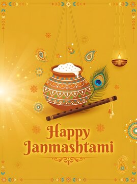 Happy janmashtami illustration krishna's celebration with matka flute and peacock feather design