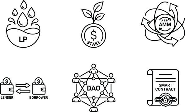 Decentralized Finance and Cryptocurrency Blockchain Technology Thin Line Icon Set Featuring Liquidity Pools, Crypto Staking, AMM, Peer Lending, DAO, and Smart Contracts Vectors