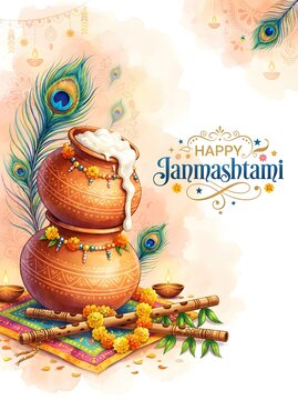 Festive janmashtami illustration stacked clay pots peacock feathers and traditional decorations for krishna jayanthi celebrations