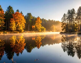 Obraz premium A tranquil lake reflects a vibrant autumn forest bathed in the golden light of sunrise.