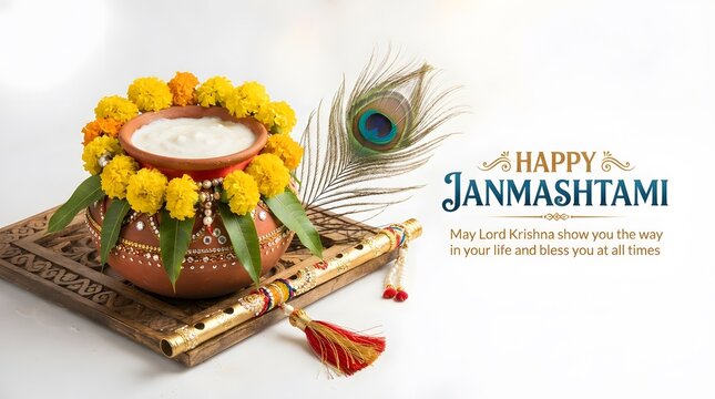 Janmashtami celebration clay pots with marigolds peacock feather and flute for krishna jayanthi festival greetings
