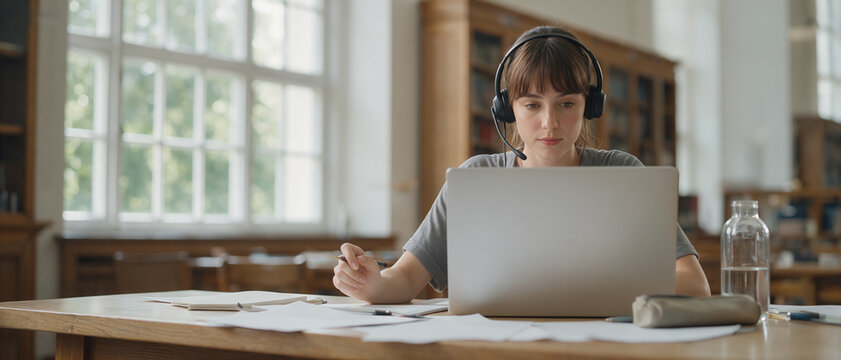 Young woman wearing a headset while studying online with a laptop at home