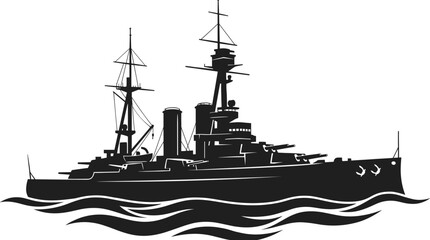 Detailed black silhouette of a vintage military battleship sailing on ocean waves vector illustration © Lalchan