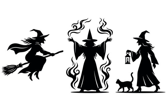 Vintage witch silhouettes halloween magic and mystical vector illustration