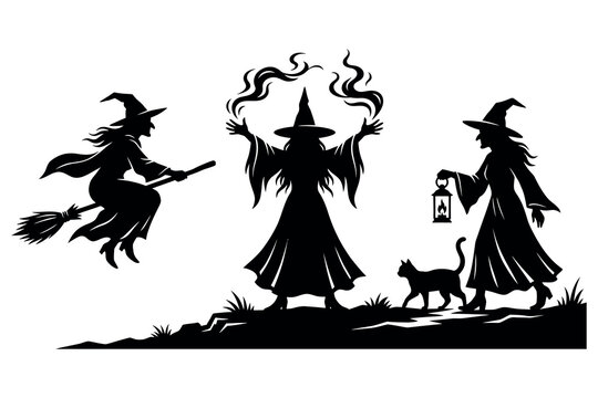 Three witches silhouette halloween magic and mystical ritual scene