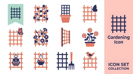 Garden trellis flat icon set with watering can plant pot shovel trowel greenhouse tools and flowers in teal orange white green arranged in 4x3 grid. © Mii
