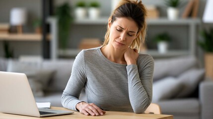 Fototapeta premium female remote worker massaging shoulder after long computer session, work from home, realistic healthcare photography