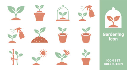 Teal orange gardening seedling growth icon set with watering can shovel trowel pot greenhouse tools and flowers arranged in 3x4 grid. © Mii