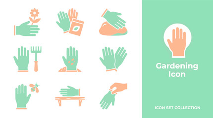Teal gardening hand glove with orange trim holding trowel shovel watering can planter greenhouse house and flowers arranged in 3x4 grid with central glove focus. © Mii