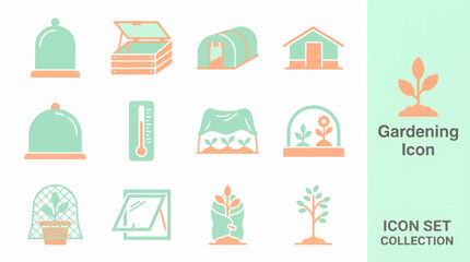 Teal orange gardening greenhouse planter house watering can shovel trowel flower pot tools arranged in 4x3 grid with central greenhouse focus. © Mii