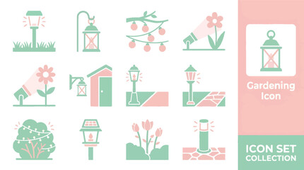 Teal orange gardening greenhouse planter house watering can shovel trowel flower pot tools arranged in 3x4 grid with central birdhouse focus. © Mii