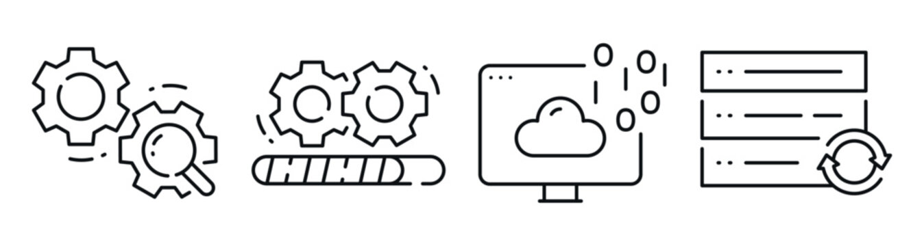 System automation depicting gears cloud and server processes. Editable stroke