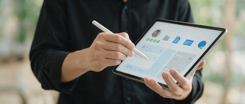 Woman using a stylus on a tablet with business analytics and app charts