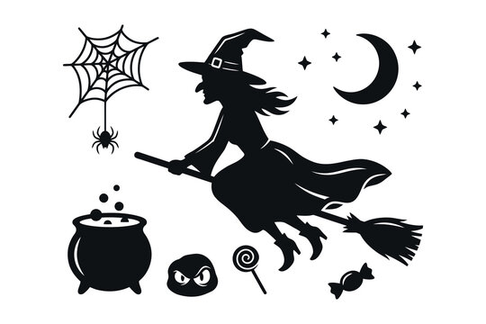 Halloween witch silhouette with spooky elements for festive decorations