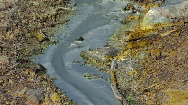 Geothermal mud channel in Lassen Volcanic National Park, California, USA. Slow mo tilt up shot