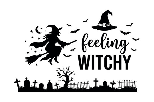 Feeling witchy halloween design with flying witch and spooky cemetery scene
