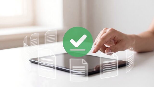 Document approval and paperless management concept, hand touching tablet with document icons circling screen and green checkmark, digital paperwork done, online form verification and office workflow