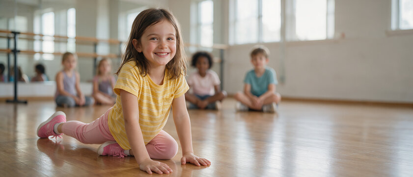 Smiling girl practicing a seated floor stretch during a group dance class