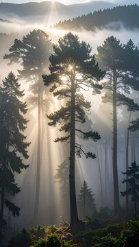 Sunbeams pierce through a misty forest, illuminating tall pine trees.