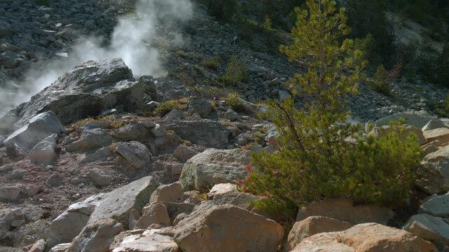 Steaming fumarole vent among volcanic boulders in Lassen Volcanic National Park, California, USA. Static shot