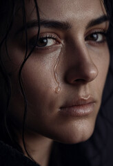Fototapeta premium Close-Up of an Emotional Woman Crying with a Single Tear Rolling Down Her Cheek