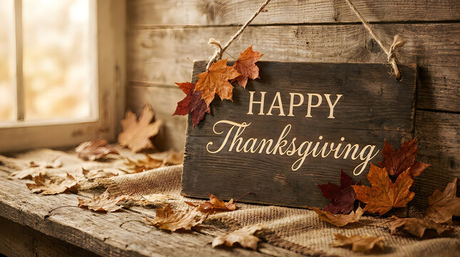 Rustic wooden sign with "happy thanksgiving" text and autumn leaves, sitting on a burlap surface on a weathered wooden table by a sunlit window.
