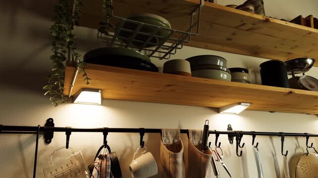 Warm rustic kitchen interior with wooden shelves, ceramic bowls, hanging utensils, under-cabinet lights, storage hooks, and a trailing houseplant.