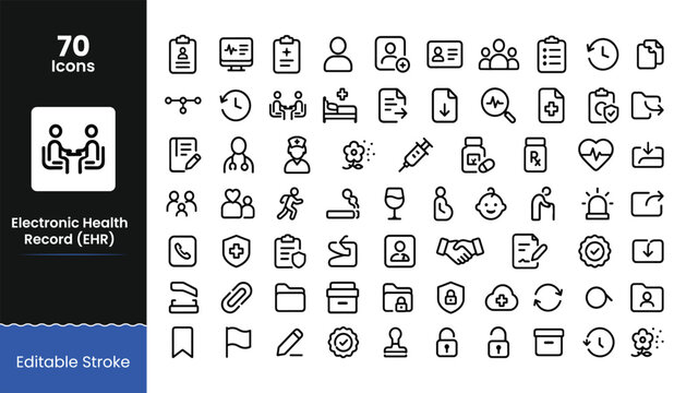 Healthcare icons collection with editable stroke for digital medical records and patient care
