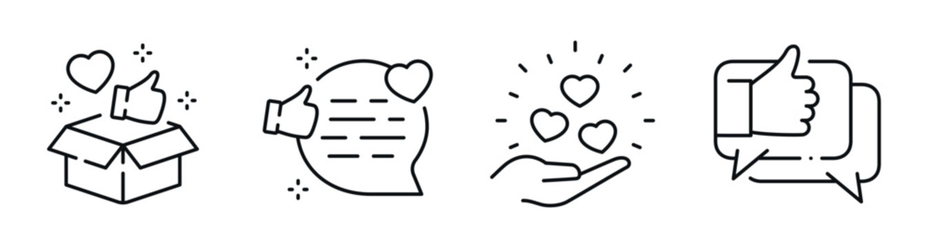 Social feedback icons showing likes hearts and messages outline set. Editable stroke