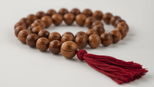Buddhist prayer beads made of wood with red tassel buddhist meditation spirituality religion spiritual tradition chanting necklace ornament meditative practice mindfulness devotion