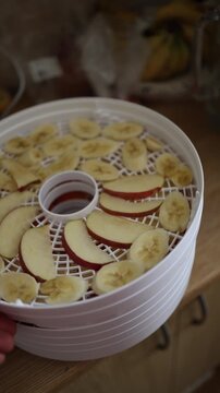 Vertical screen Fresh apple and banana slices are carefully arranged on dehydrator trays before drying for homemade healthy snacks natural food preservation and storage