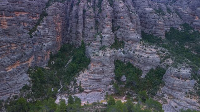 Aerial view from a drone of the La Pesquera landscape in the town of Beceite. Els Ports. Matarra&ntilde;a region. Province of Teruel. Autonomous Community of Aragon. Spain. Europe