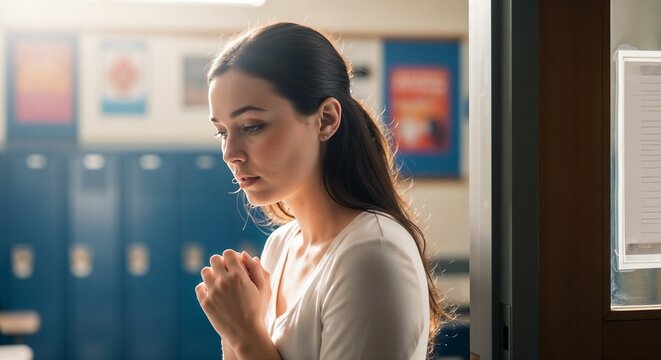 Nervous girl in classroom with anxious expression waiting before lesson. Girl appears lost in thought while standing in school hallway near lockers.