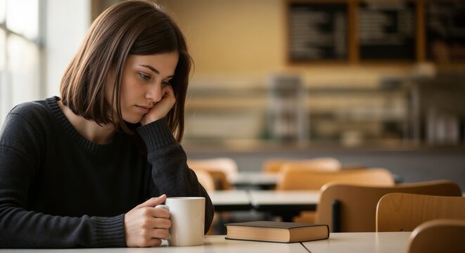 Girl looking isolated in cafeteria with cup and book on table. Girl appears deep in thought with resting chin on hand, surrounded by empty cafeteria chairs.