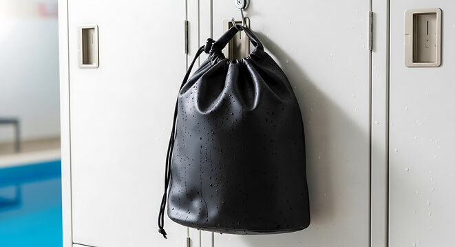 Black drawstring backpack hanging locker mockup, blank spaces for text