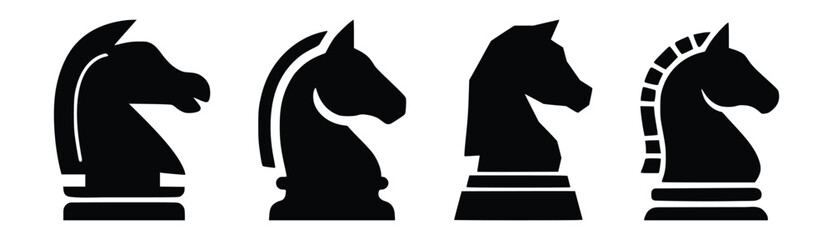 Chess Knight Piece Icons Set Collection – Black Horse Chess Symbols for Strategy, Board Game, Tournament and Competition Design Vector © TAHERA