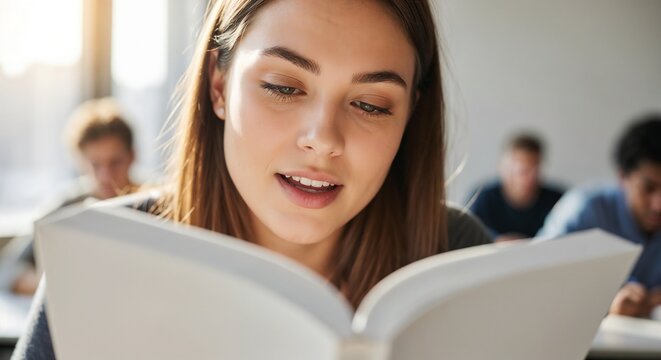 Teen girl reading aloud in classroom with classmates engaged and attentive. Focused on literature, girl expresses joy while sharing story from book.